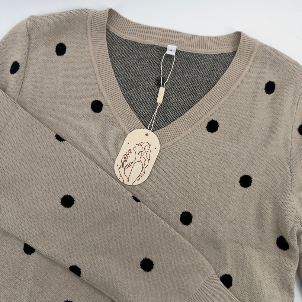 NEW Polka Dot V-Neck Sweater Tan Beige Black Knit Pullover Size S